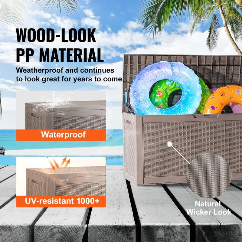 VEVOR Deck Box, Outdoor Storage Box, Waterproof PP Deckbox with Aluminum Alloy Padlock, for Patio Furniture, Garden Tools, Pool Toys, Outdoor Cushions, Gray Organiser