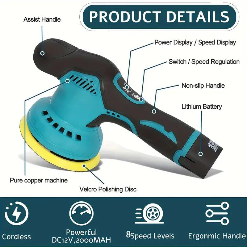 Cordless Car Buffer Polisher with 12V Lithium Rechargeable Battery*2, Cordless Polisher with 8 Variable Speeds, Cordless Buffer Polisher for Car Detailing, Polishing Tools, Polishing Accessories for Men