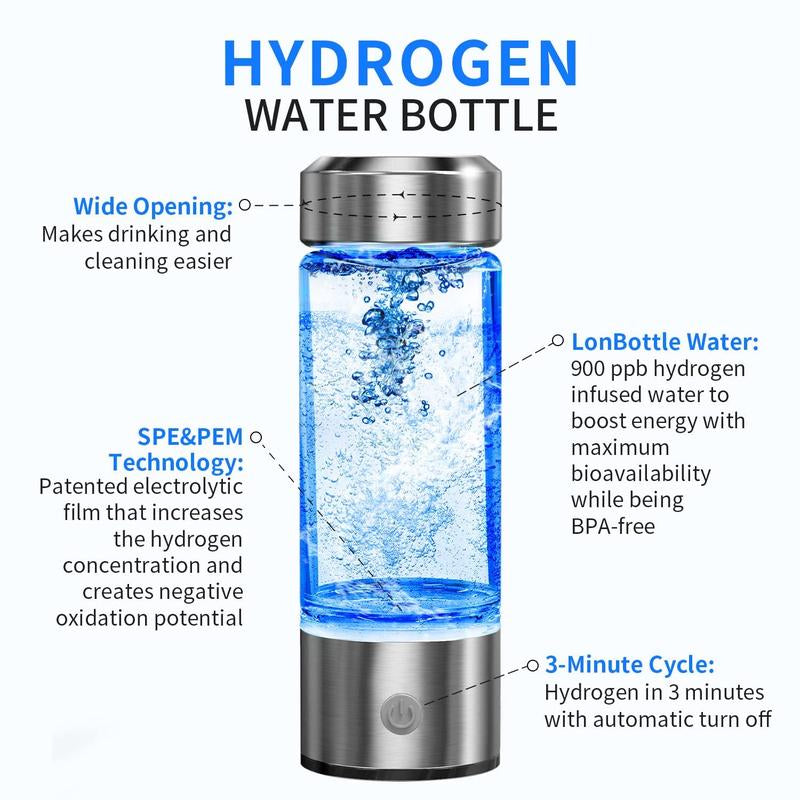 Hydrogen Water Bottle - Portable Hydrogen Water Ionizer Machine for Home Travel, Silver Glass, Rechargeable Hydrogen Rich Water Drinkware Pour Reusable Stainless Steel Modern