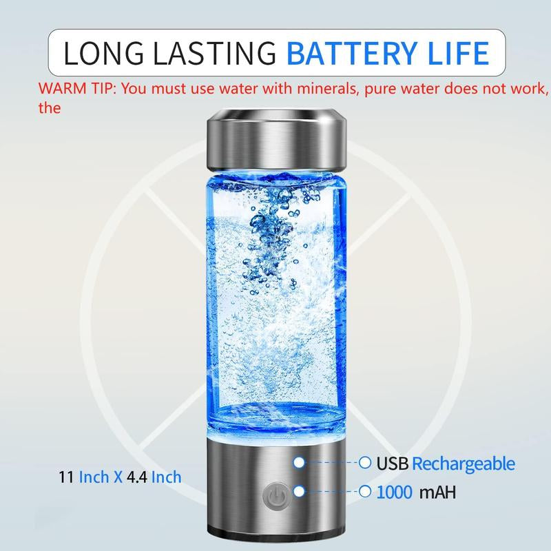 Hydrogen Water Bottle - Portable Hydrogen Water Ionizer Machine for Home Travel, Silver Glass, Rechargeable Hydrogen Rich Water Drinkware Pour Reusable Stainless Steel Modern