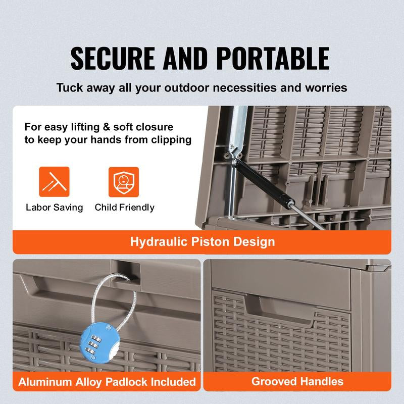 VEVOR Deck Box, Outdoor Storage Box, Waterproof PP Deckbox with Aluminum Alloy Padlock, for Patio Furniture, Garden Tools, Pool Toys, Outdoor Cushions, Gray Organiser